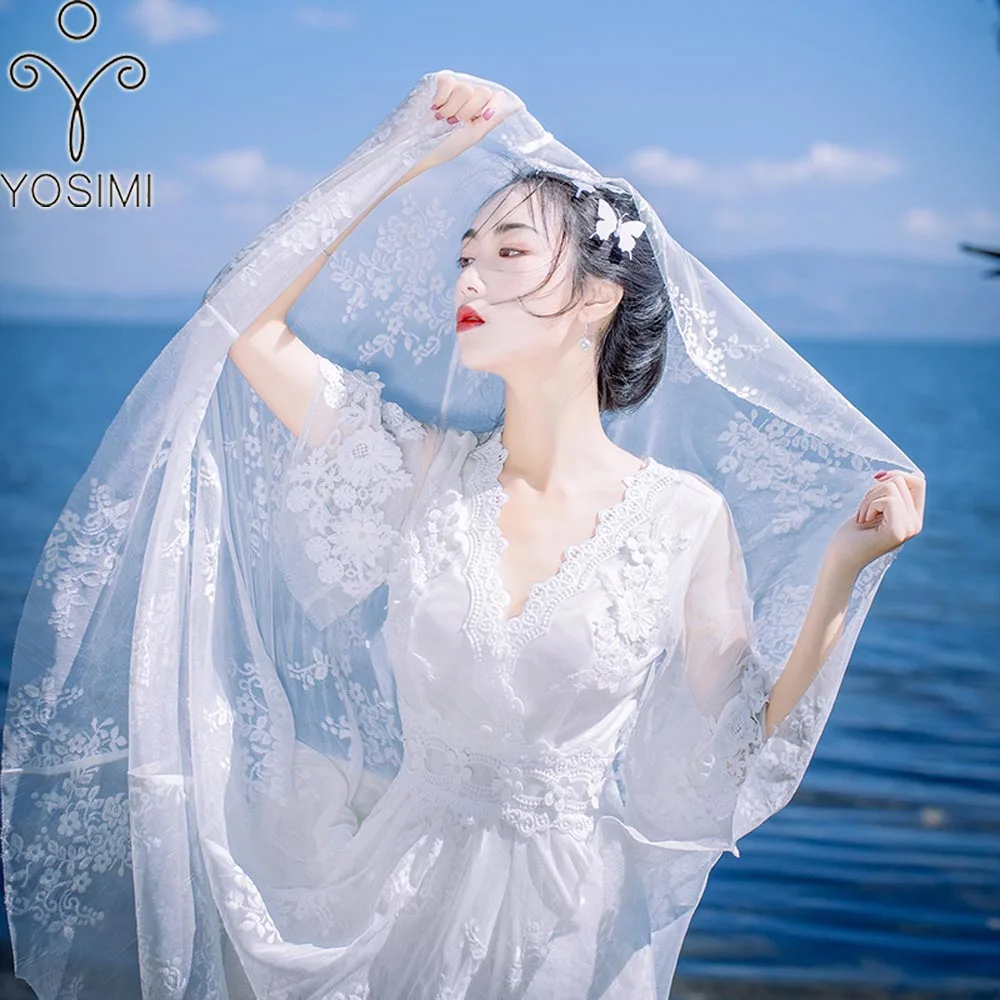 YOSIMI 2018 Summer Maxi Lace Long Women Dress  for Travel White V-nek Backless Evening Party Fairy Ankle-length Lace Embroidery