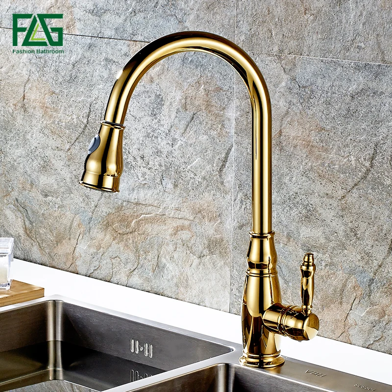 

FLG Spring Style Kitchen Faucet Copper Golden Pull Out Rotatable Taps Single Handle Single Hole Sink Faucet Mixer Tap 158-33G
