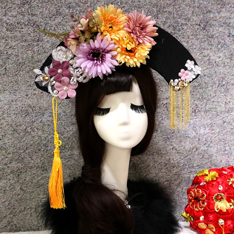 

Classic Film Cosplay FLowers Qing Dynasty Queen Flower Headband Stage Drama Hair Accessories Princess Gege Head Decors Party Hat