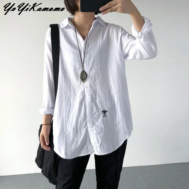 

Women Cotton Blouse Autumn Casual Women Shirt Literature Long Sleeve Shirt Solid Color White Shirt Loose Women Tops YoYiKamomo