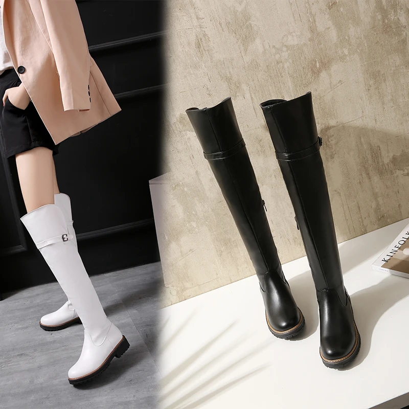 

Large size 34-43 women knee high boots buckle with zip Retro women's motorcycle boots thick fur warm winter snow boots