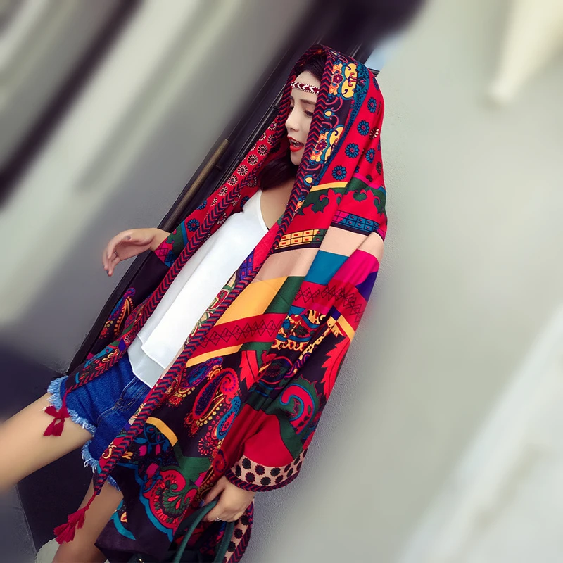 Женский шарф в этническом стиле, винтажная шаль с принтом, большой размер, Пашмина, бандана, весна-лето, Пляжная накидка, подарок для девочки