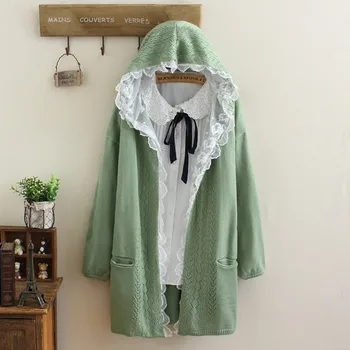 

Woman Cardigan Sweater Autumn Preppy Style Cute Frilled Lace Hem Patchwork Ruffle Hooded Ladies Knitted Cardigan Long Sleeve