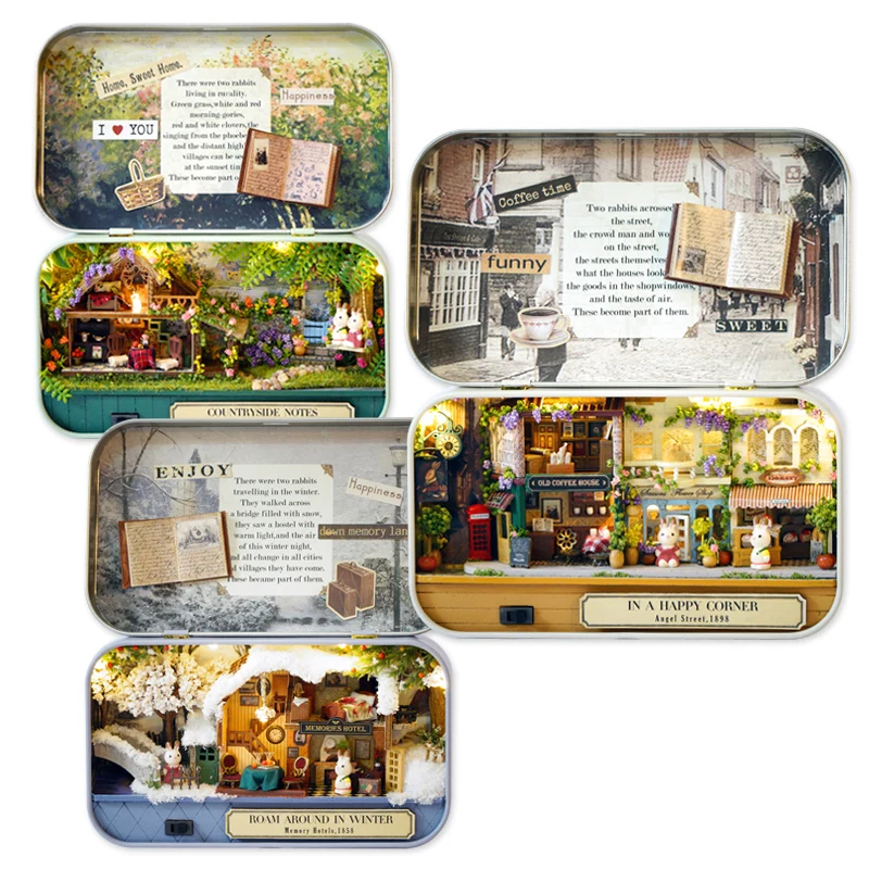 Box Theatre Nostalgic Theme Miniature Scene Wooden Miniature Puzzle Toy DIY Doll House Furnitures Countryside Notes Q Series #E