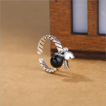 

New Fashion Black Agare Bell Leaves 925 Sterling Silver Jewelry Personality Retro Transfer Leaf Sweet Gift Opening Rings SR403