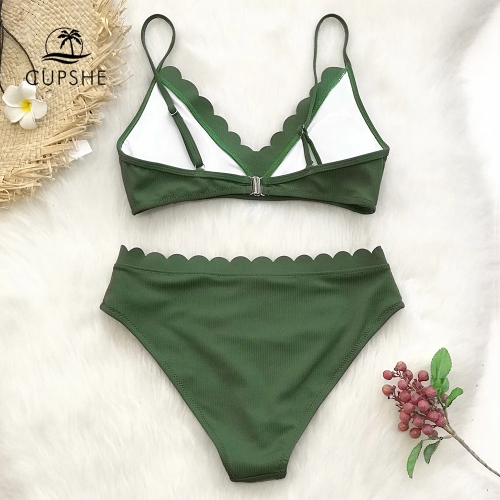 Billig CUPSHE Nette Grüne Scalloped Bikini Sets 2020 Frauen Solide Zwei Stück Strand Badeanzüge Bademode