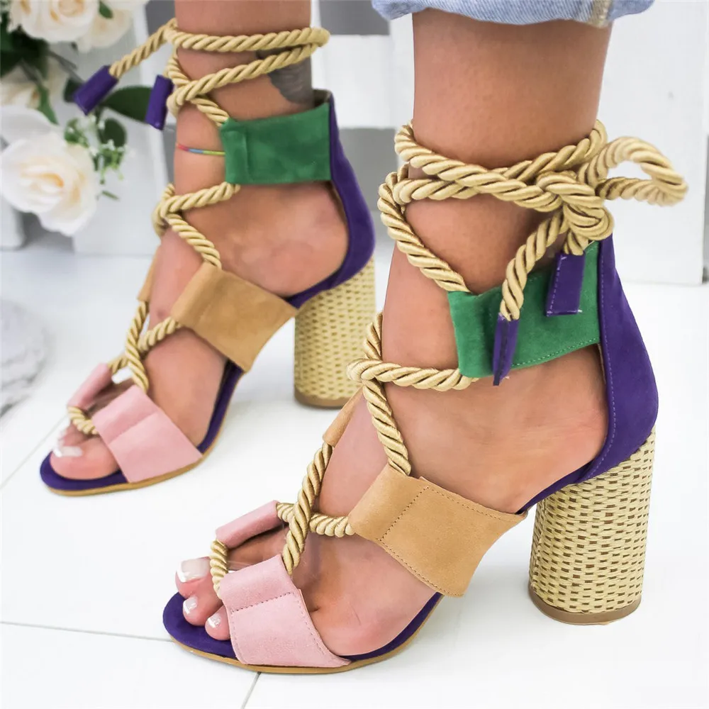 Laamei/женские босоножки; босоножки с острым носком на каблуке; Летние эспадрильи; женская обувь на платформе со шнуровкой - Цвет: Purple A