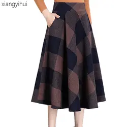 Плюс размеры M-4XL длинные плиссированные шерстяная юбка для женщин зима Высокая талия кофе плед элегантный юбки женские Осень карманы низ 2019