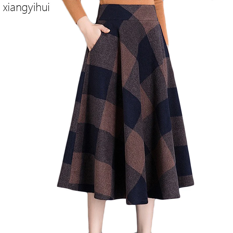 Falda Plus Otoño 2019 Faldas Cuadros Café Invierno Lana M Plisada Elegantes Pantalones Larga Mujer Coffee Bolsillos Cintura Tamaño De 4xl Mujeres Alta gXRrgT