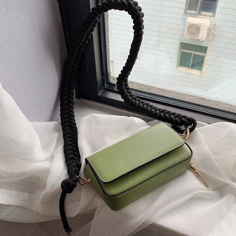 

2019 New Simple Small Square Bag Fashion Woman Green Color Braided Rope Strap PU Leatehr Flap Shoulder Messenger Bag All Match