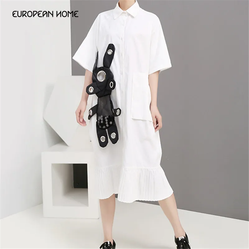 

new summer dress women clothes fashion loose doll pleated dress streetwear turn-down collar plus size long dress LR365