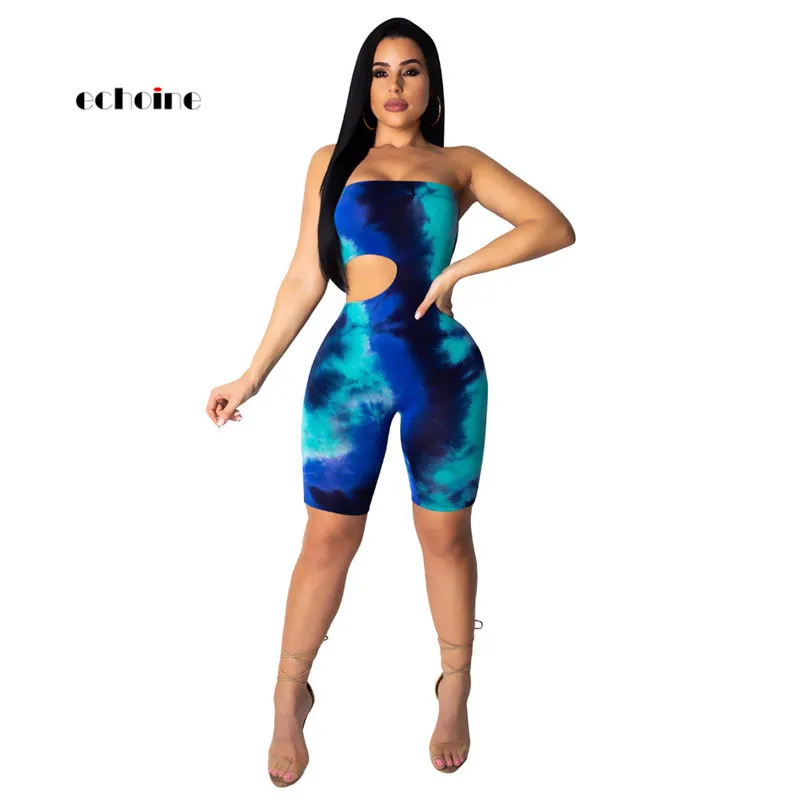 

Echoine Sexy Women Jumpsuit Slash Neck Tie-Dye Print Backless Sleeveless Tight Short Pants Sportswear Playsuit Female Rompers