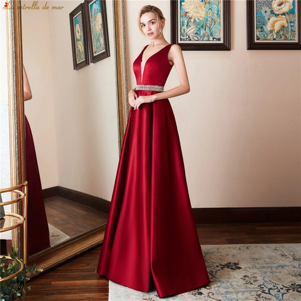 Vestido de madrinha de casamento longo новые сексуальные с v-образным вырезом атласные хрустальные пояса линия бордовые платья для подружки невесты Плюс Размер