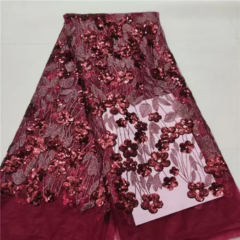 

2019 Latest African 3d sequins Lace Fabric High Quality Lace Material Wine Red French Lace Fabric Nigerian Tulle Lace Fabric