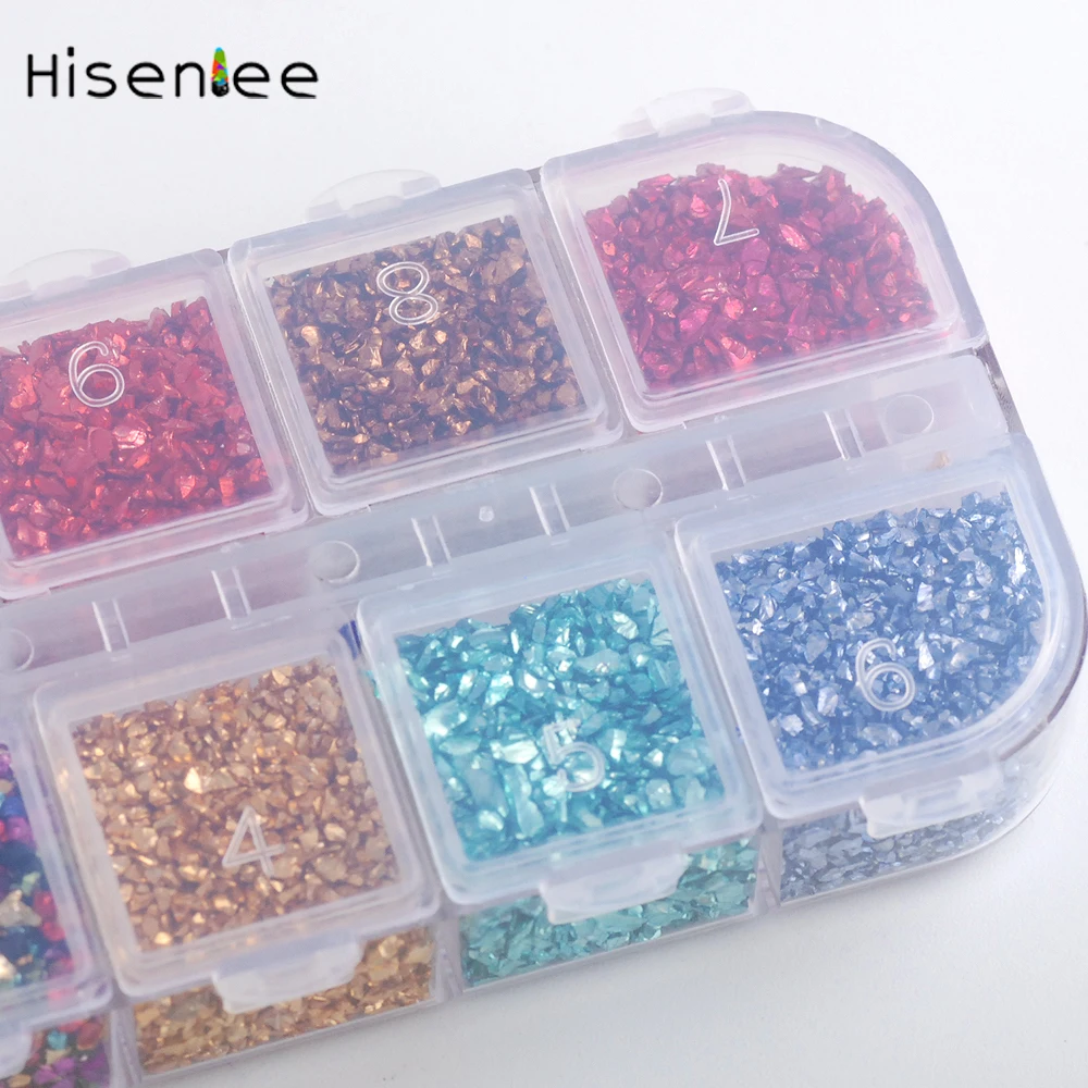 Hisenlee, 12 цветов, 3D дизайн ногтей, дробленое стекло, порошок, сломанный блеск для ногтей, порошок, украшение, стразы для типсов, набор для дизайна ногтей, 1 коробка
