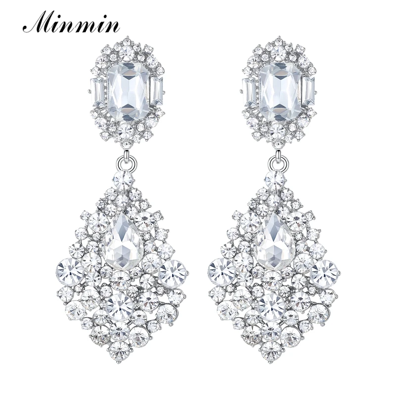 

Minmin Fashion Geometric Silver Color Big Crystal Long Dangle Earrings for Women Luxury Bridal Wedding Jewelry Christmas MEH196