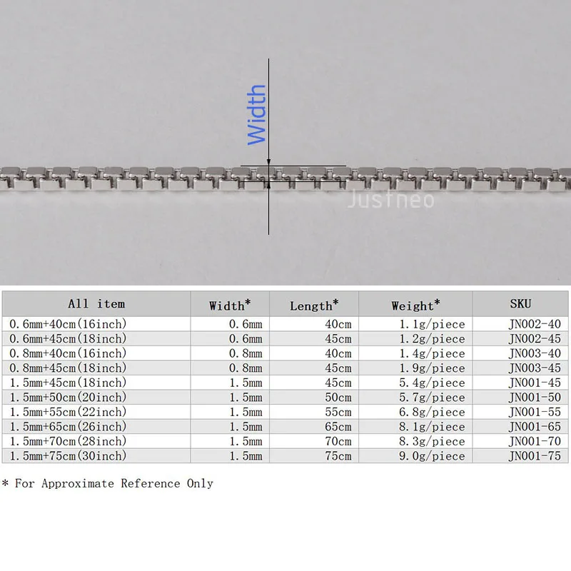 JustNeo цельная 925 пробы Серебряная цепочка Ожерелье Ювелирные изделия 0,6 мм-1,5 мм Диаметр цепи родиевое покрытие