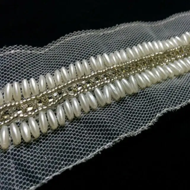 5yards Pearl Beaded Embroidered Lace Trim Rhinestone Mesh Ribbon Applique Handmade DIY Clothes Wedding Dress Sewing Craft | Дом и сад