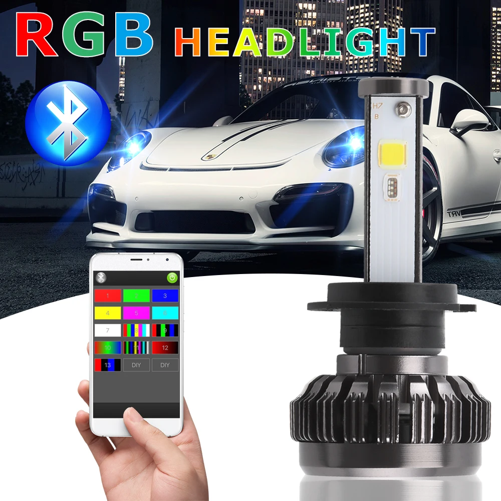 2018 Car LED Headlight Car Bluetooth RGB LED Headlamps H4 H7 LED