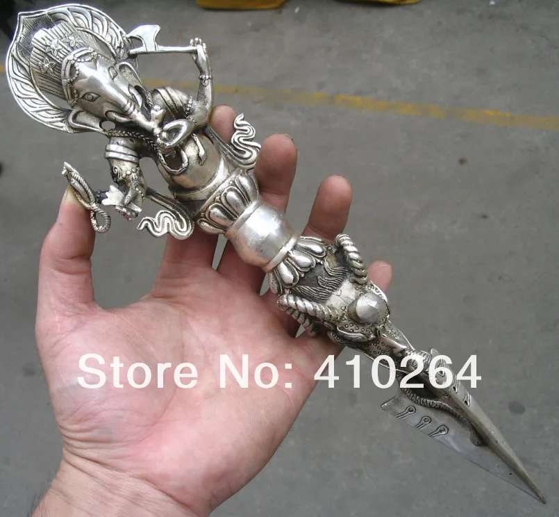 

0116P [old craft ] Fast shipping Chinese silver dragon RUYI good luck tool 4 arm Elephant Buddha Statues (A0314)