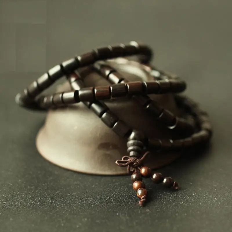 

Natural Ebony 108pcs Prayer Beads Tubular Tibetan Buddhist Mala Buddha Bracelet Rosary Black Wooden Bangle Jewelry