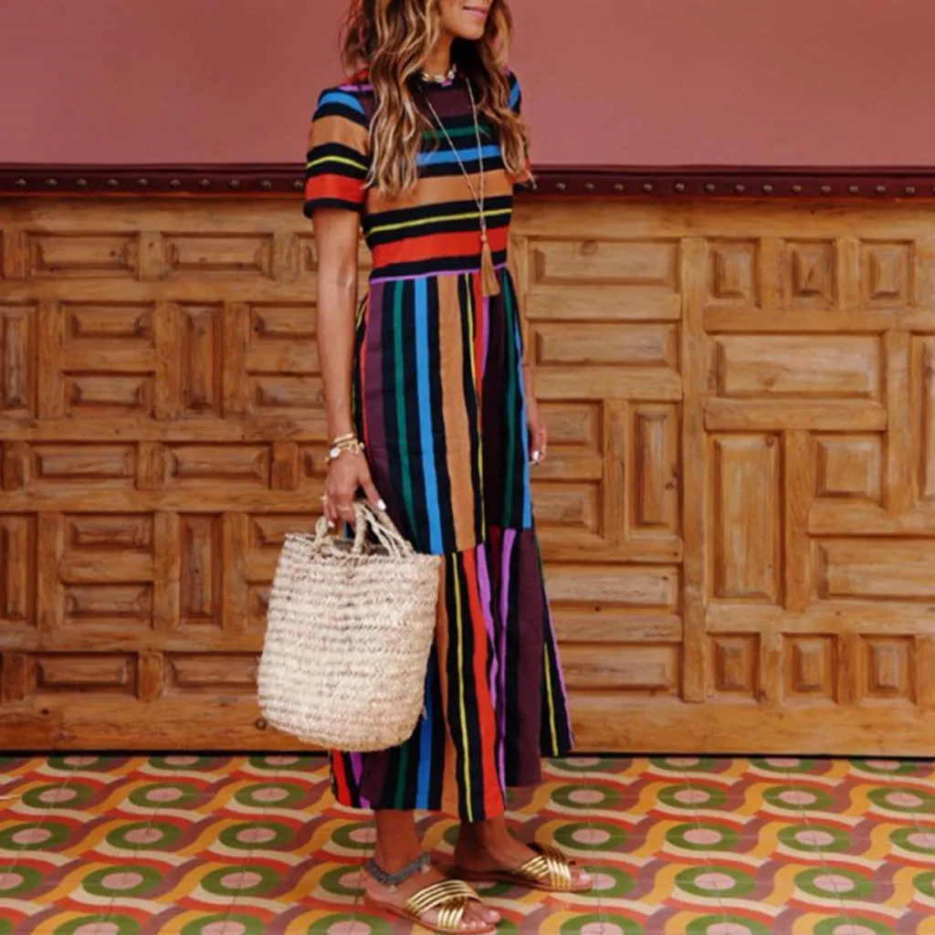 

2019 Fashion Summer Women Dress Boho Hippie Shirt Dress O Neck Ladies Retro Rainbow Print Loose Midi Dress sukienki damskie