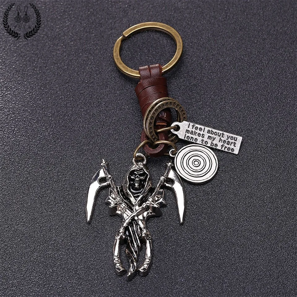 

New alloy skull sickle trinket keychain Skeleton ghost keychains Handmade cowhide car key holder bag pendant keyring jewelry