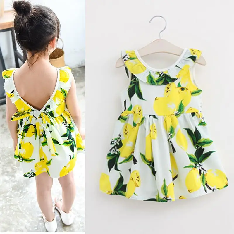 Fashion Girls Lemon Dress Children Sundress Baby Girls Clothes V back
