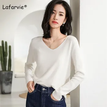 

Lafarvie Knitted V-neck Sweater Women Slightly Loose Long Sleeve Pullover Female Plus Size Basic Sweater Pull Jumper 5 Colors