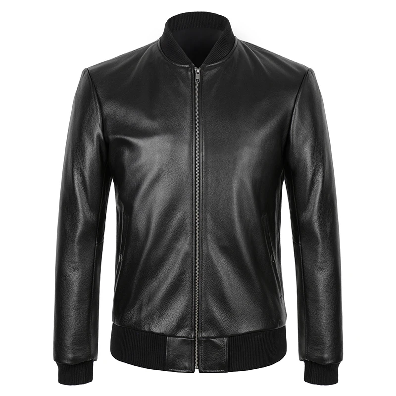 

Mens Real Leather Baseball Jackets Male Classic Bomber Style Genuine Leather Motorcycle Jackets Men Black Cowhide Outwear Coat