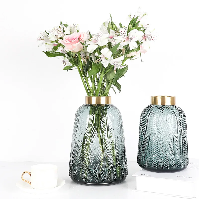 1 шт. классическая стеклянная ваза Цветочная ваза с Золотой медная бутыль зеленый лист Relievo Центральная ваза для домашнего декора