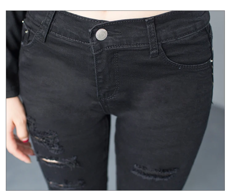Отверстие рваные джинсы пикантные для женщин бойфренда джинсовые черные высокая эластичная талия повседневное брюки женские, тонкие узкие женские укороченные брюки больших размеров