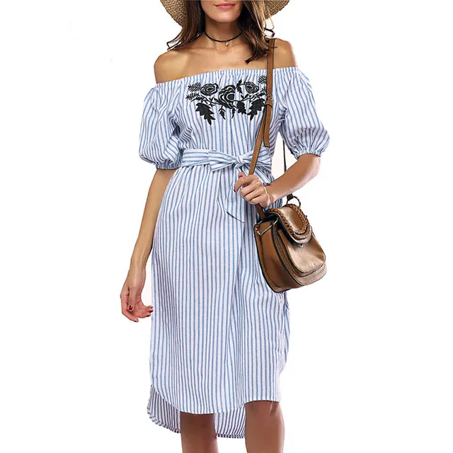 2018 Summer Dress Women Fashion Sexy Off shoulder Dress Women Printing Dresses Short Sleeve Slash Neck Striped Casual Dress