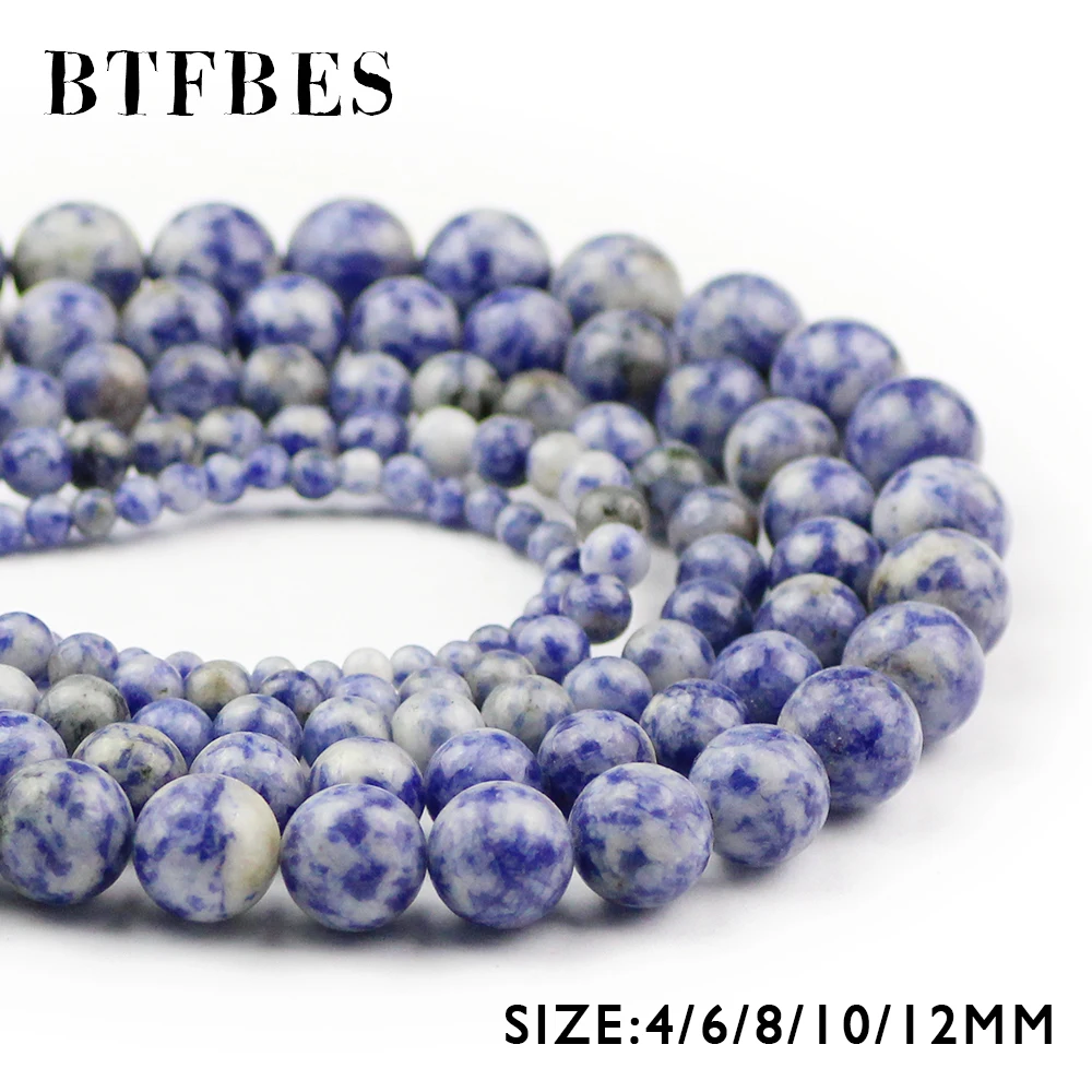 

BTFBES Natural Stone Bule Spot Stone Beads 4/6/8/10/12MM Round Ore Loose Beads Ball For Jewelry Bracelet Making Accessories DIY