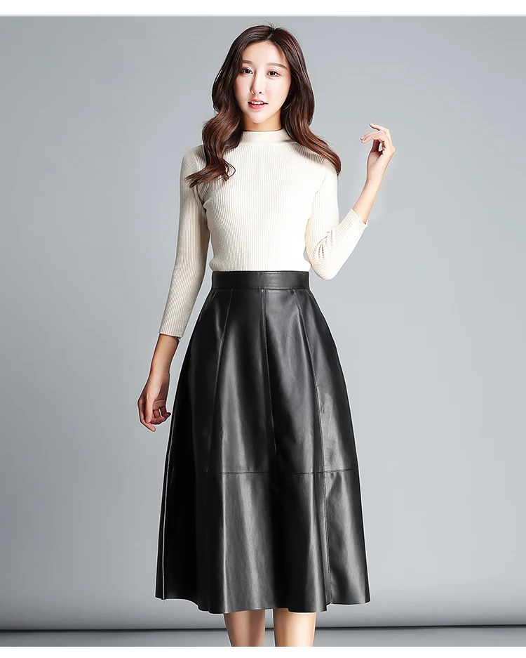 Осень и зима новая корейская мода Длинная черная юбка Женская высокая талия была тонкая плиссированная юбка PU кожаная юбка