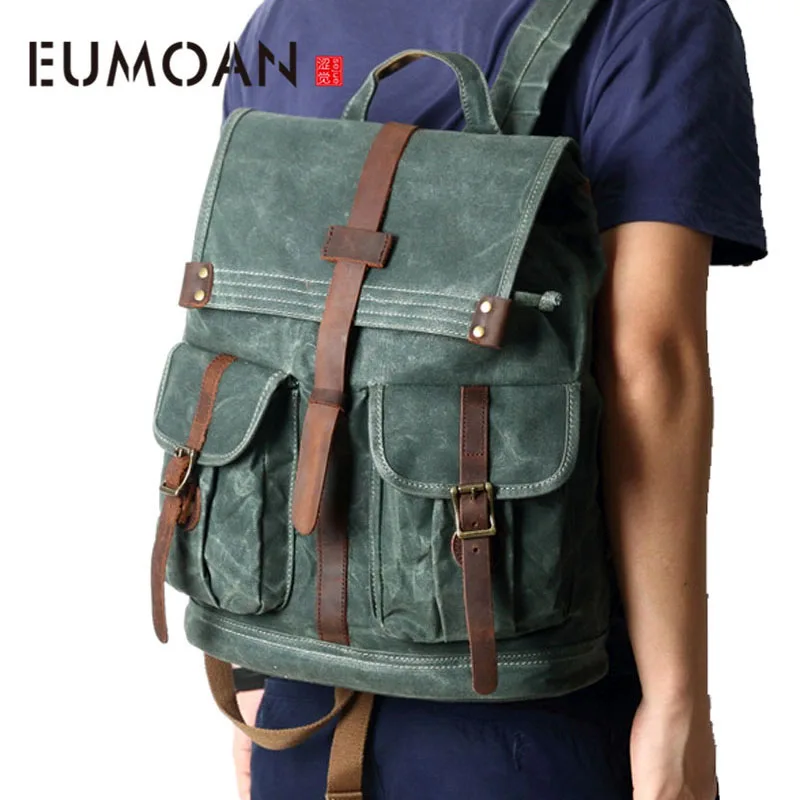 

EUMOAN Men's backpack sports travel backpack oil wax canvas bag shoulder large capacity bag travel bag