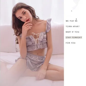

Japanese kawai suits silk fabric ruffles beach Underwears Brief Sets female Spaghetti strap with Bandages on breast sleep wj1994