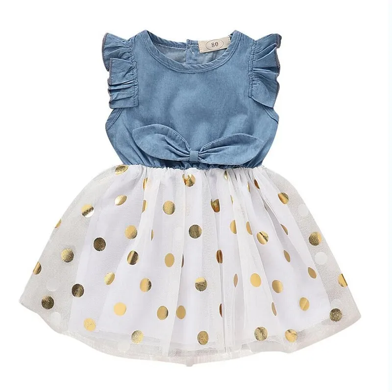 

Summer Kids Baby Girl Princess Dress Sleeveless Bow High Waist Tank Dress Child Girl Denim Lace Tulle Patchwork Sundress 1-6Y