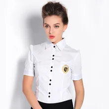 2019 Summer Short Sleeves Turn-down Collar Slim Body Conjoined Shirts Women Pocket Business Attire OL Office Lady Shirt Blouses pocket design letter printed turn down collar short sleeves shirt for men