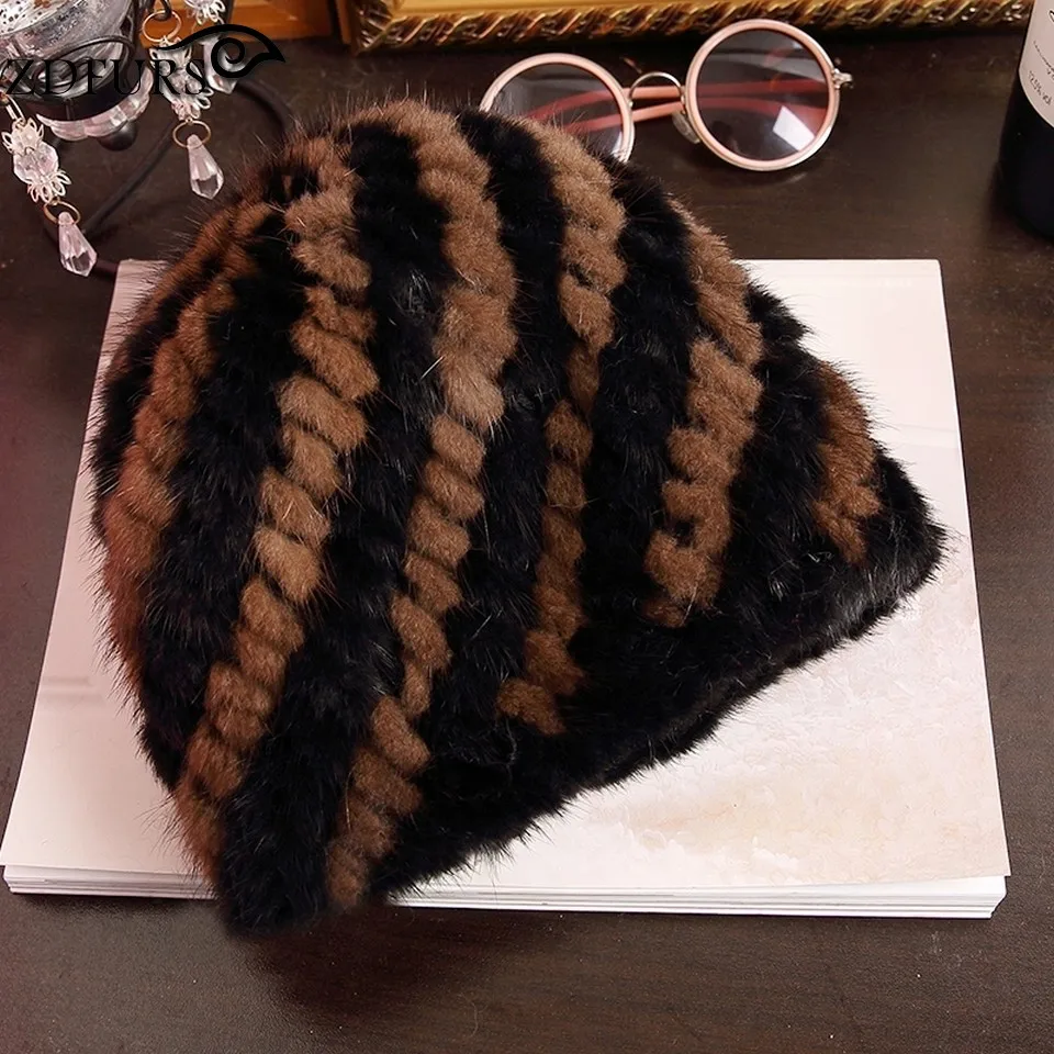 ZDFURS* зимняя теплая шапка для женщин из натурального меха норки, вязаные шапки, женские шапки с подкладкой, вязаная шапка из меха норки, ZDH-161017
