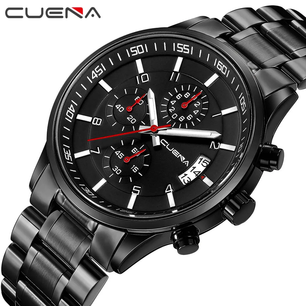 

CUENA Stainless Steel Waterproof Quartz Men Watch Top Brand Luxury Calendar Wrist watch Fashion Boutique Black Watches 2018 NEW