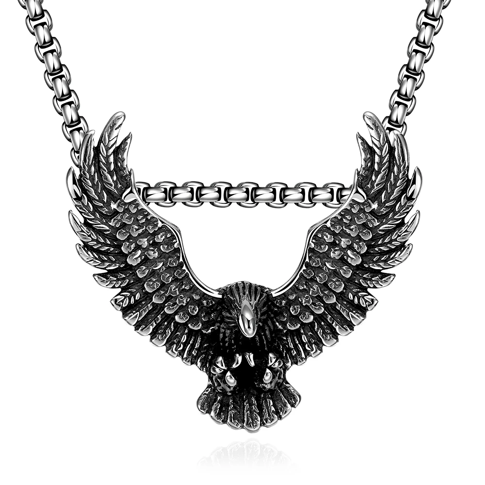 

Fashion Stainless Steed Silver Metal Jewelry Eagle Wings Feather Chain Necklaces & Pendants For Men/Boys Biker Animal Jewellery