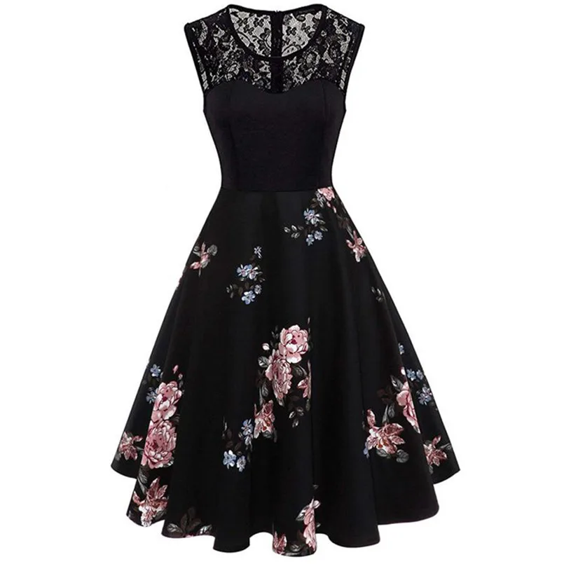

O Neck Lace Dress Sleeveless Sexy Dress Floral Print Party Dress Elegant Casual Vestidos De Festa Free Shipping 40OR16