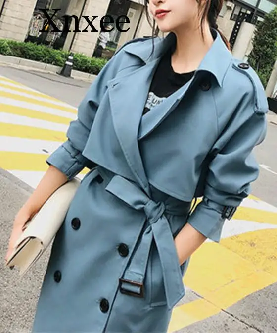 Xnxee ветровка Женская весна осень Корейский досуг шикарный Свободный Дамы порт ветер длинное пальто для женщин синий