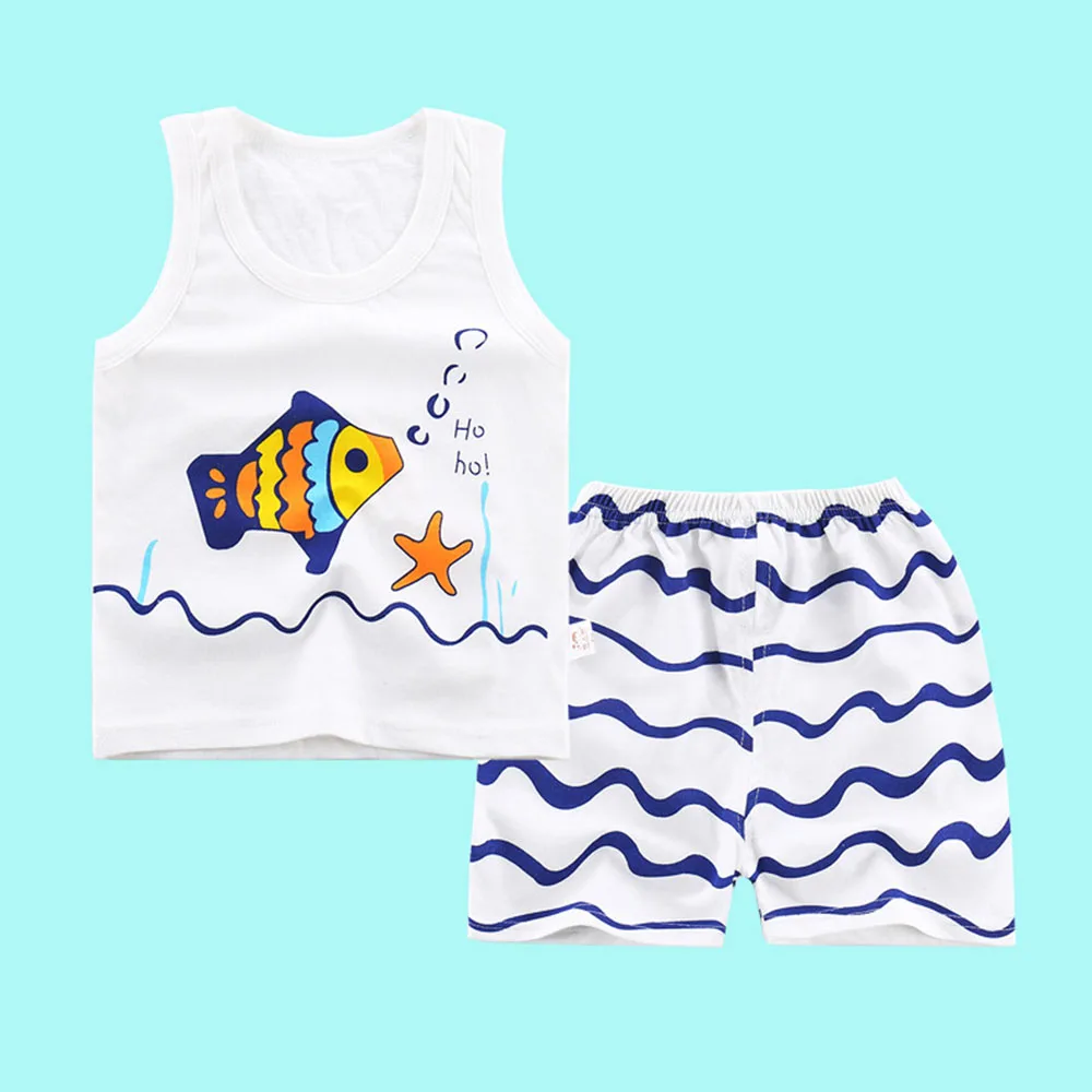 

Fashion Children's Summer Beach Vest Sets Cartoon Fish/Star/Spider Cotton Vest+Shorts for 2-6 years Boys Girls Kid