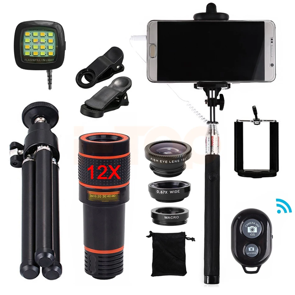 15in1 Phone lens kit 12x Zoom Telephoto Lentes Fish eye