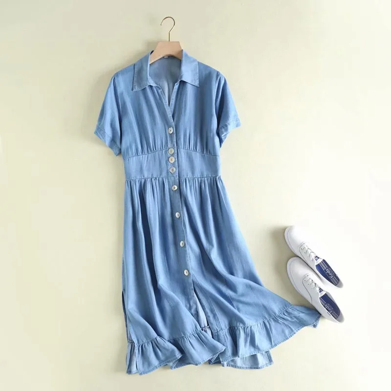 

QZ361 European Design Turn Down Collar Short Sleeve Slim Waist Ruffles Sweep Tencel Jeans Dress Soft Denim Vestidos