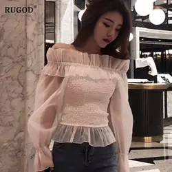 RUGOD Ruffled Slash neck шифоновая рубашка блузка с открытыми плечами кружевные женские топы сексуальные тонкие blusas mulher elegantes