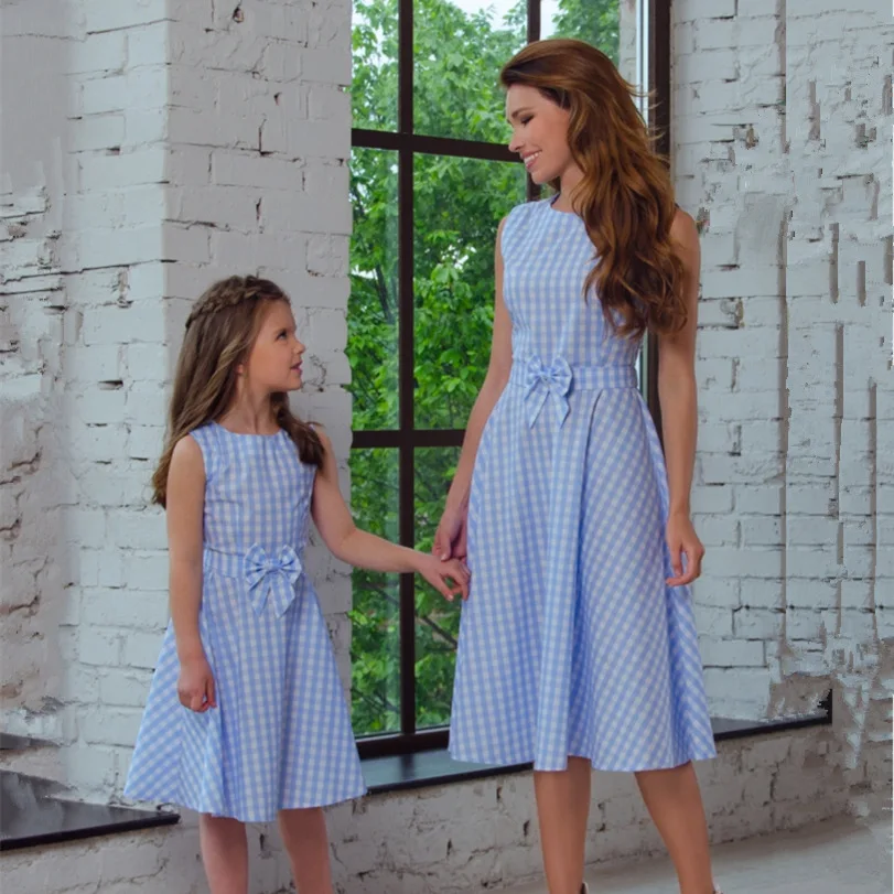 

Mother and Daughter Sets Baby European and American Fashion Girl Children bow lattice collar kids dress.Family Matching Outfit