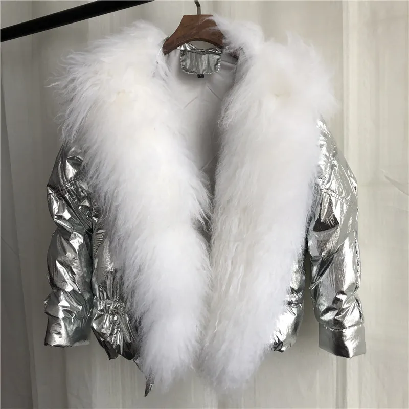 

WSYORE Women Down Coats Jackets Warm Woman Down Parka Large Size 2019 New Winter Silver Loose Big Fur Collar Down Jacket NS1244